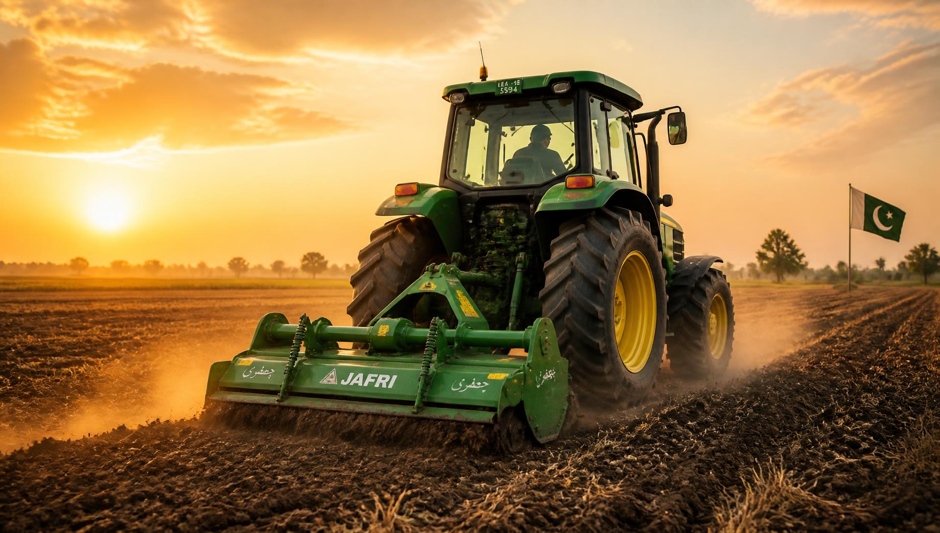 Tractor with an Ittefaq Zarai rotavator working a tilled field at sunset